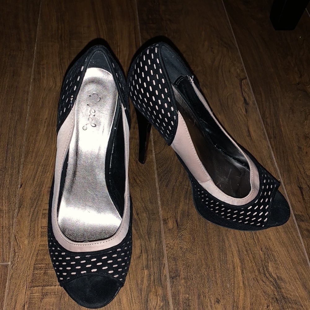 Classy black fishnet and nude heels